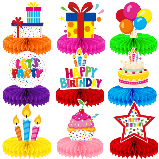 Birthday Table Decorations - 9 Pcs Colorful Happy Birthday Centerpieces for Tables Rainbow Honeycomb Centerpieces Table Toppers for Girls Boys Men Women Birth Date Party Supplies, Photo Booth Props