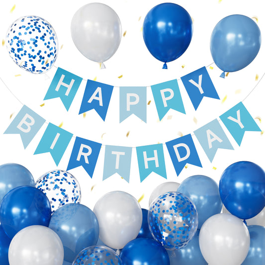 Blue Happy Birthday Banner - Pearl Blue and White Balloons with Reusable Happy Birthday Banner Glitter Party Decorations for Men Boys Pet Birth Party, Photo Shoot Supplies