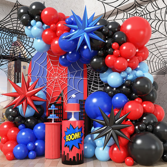 Adeyoo Red Blue Black Balloon Arch Garland Kit - Royal Blue Black Red Balloons Arch with Explosion Star Foil Balloons for Halloween Birthday Baby Shower Wedding Anniversary Party Decorations