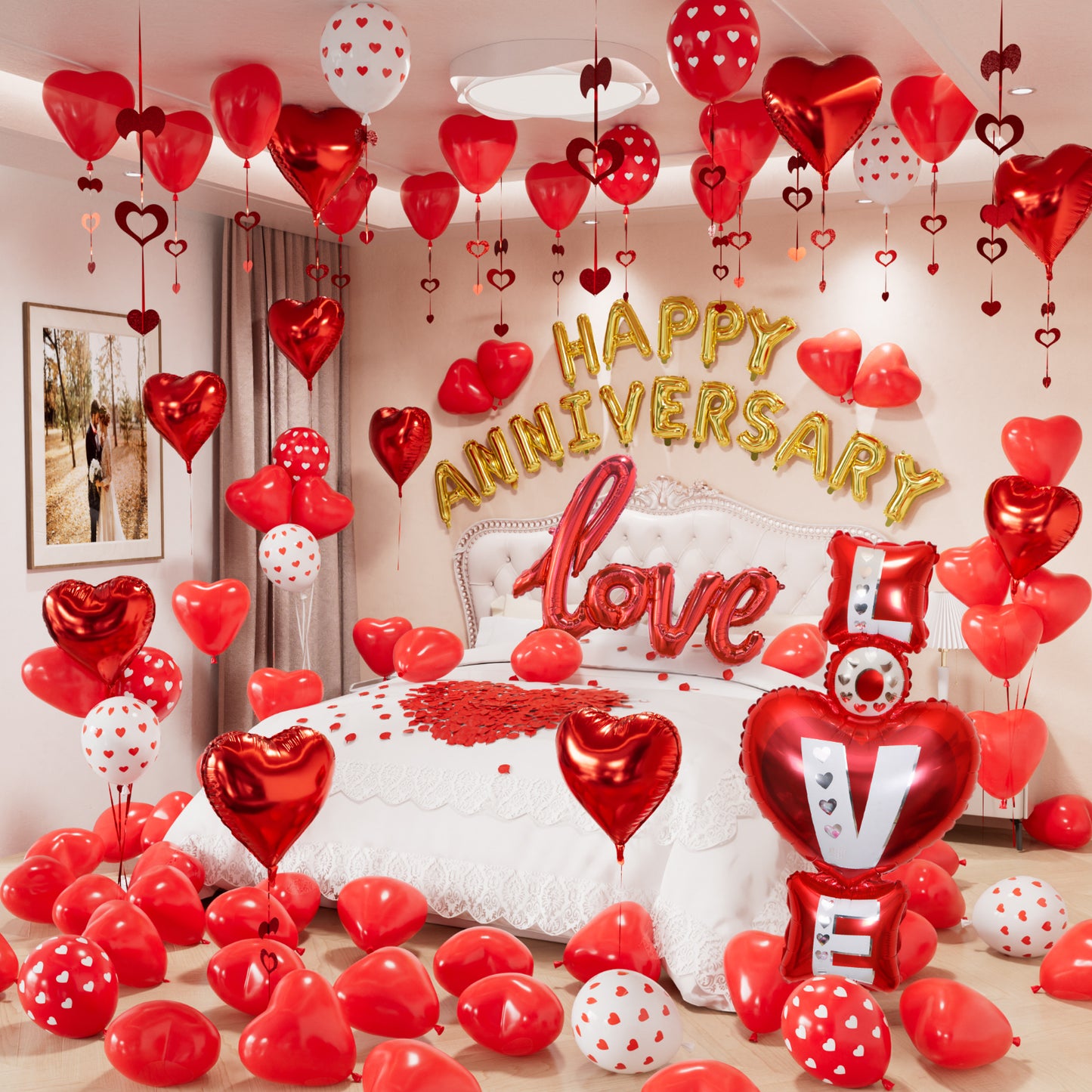 Happy Anniversary Decorations Set, Red Heart Balloons with Love Foil Balloons, Happy Anniversary Balloon Banner and Silk Rose Petals for Romantic Valentine's Day & Sweetest Day Supplies