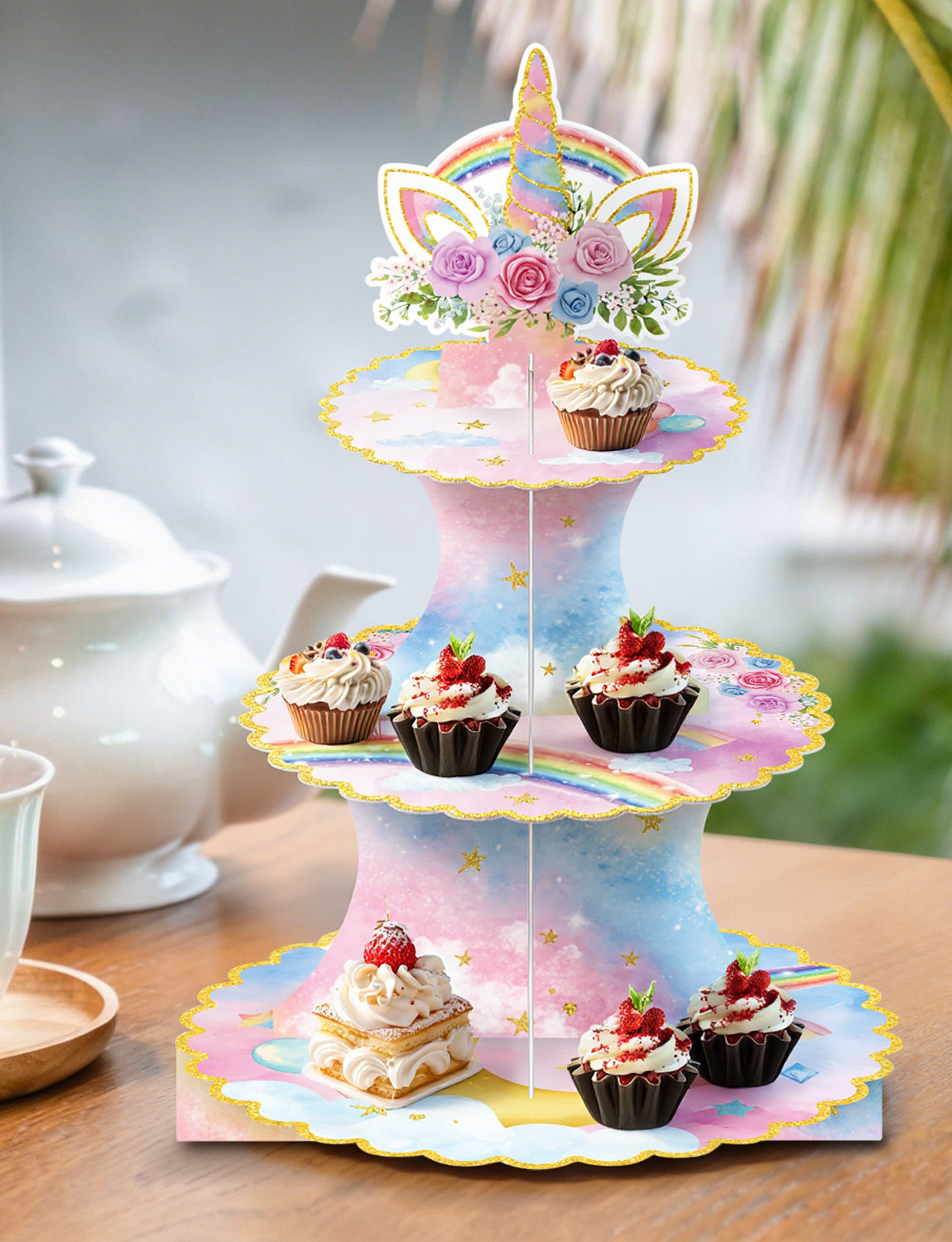 3 Tier Rainbow Cupcake Stand, Pastel Cake Stand for Rainbow Decor Pink Blue Cardboard Cupcake Holder for Dessert Table Display, Rainbow Birthday Decorations for Girls' Magical Floral Party