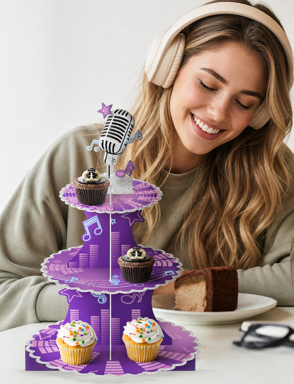 3 Tier Music Cupcake Stand, Purple Cupcake Holder for Music Party Microphone Cardboard Cup Cake Stand for Dessert Table Displays, Music Birthday Decorations for Birthday Wedding Party