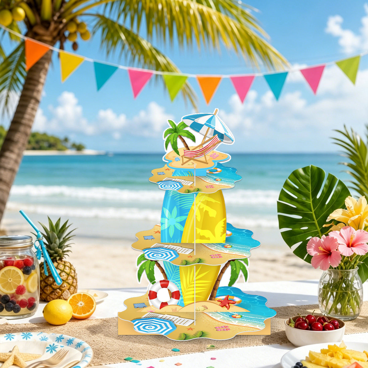 3 Tier Summer Beach Cupcake Stand, Pool Cupcake Holder Cardboard Cupcake Stand for Dessert Table Displays, Hawaiian Party Decorations for Summer Beach Tropical Pool Birthday