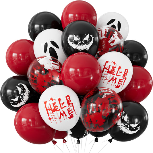 Halloween Balloons, Black Red Bloody Balloon for Halloween Decor 50 Pcs 12 Inch Halloween Latex Balloon, Bloody Handprint Ghost Print Balloon for Spooky Horror Haunted House Creepy Parties