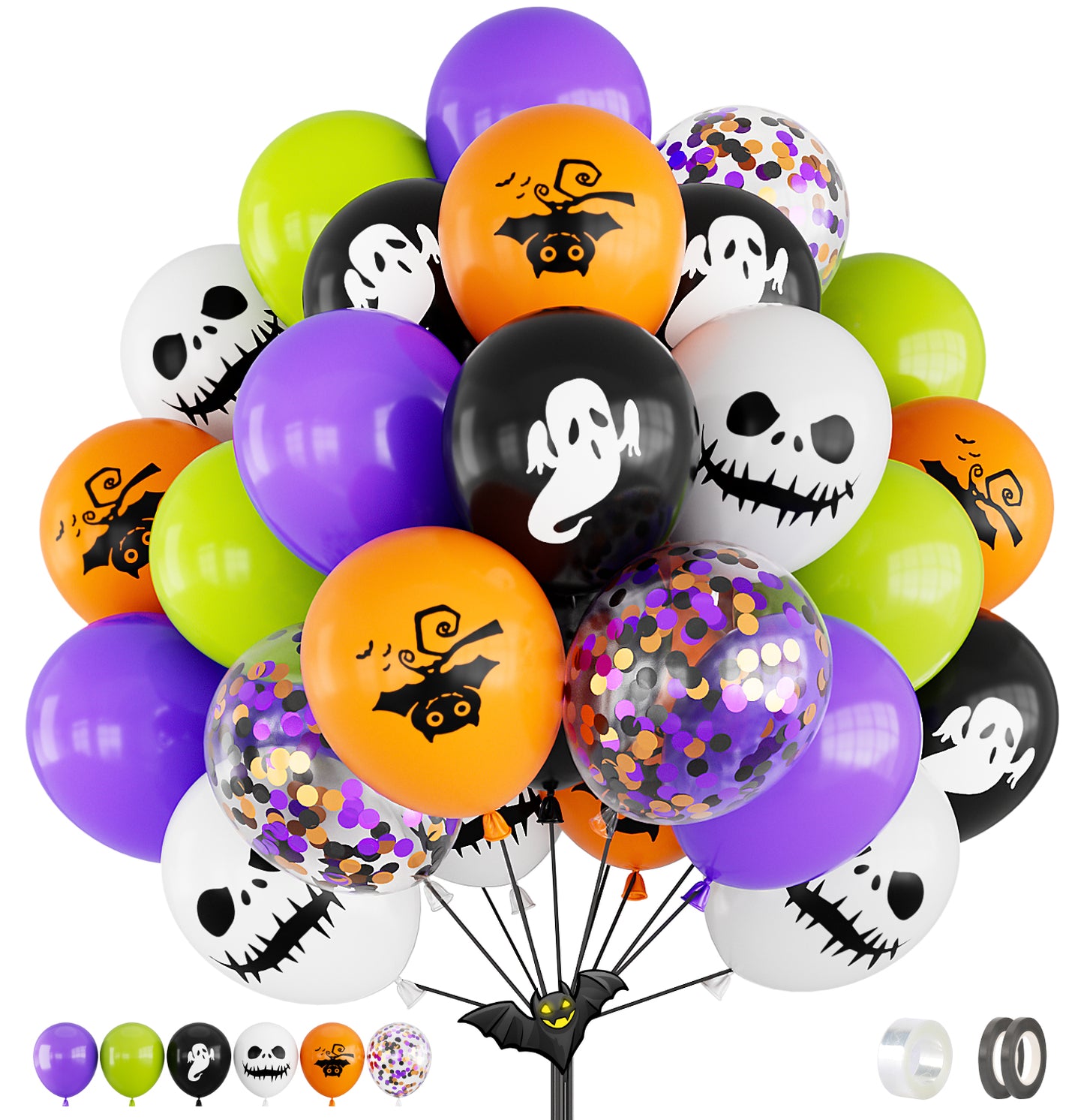 Adeyoo Halloween Balloons Decorations,60pcs 12 Inch Black Orange Balloons Set Purple Green Latex Balloons Fun Confetti Balloons Ghost Bat Skeleton Print Balloons for Halloween Birthday Party Supplies