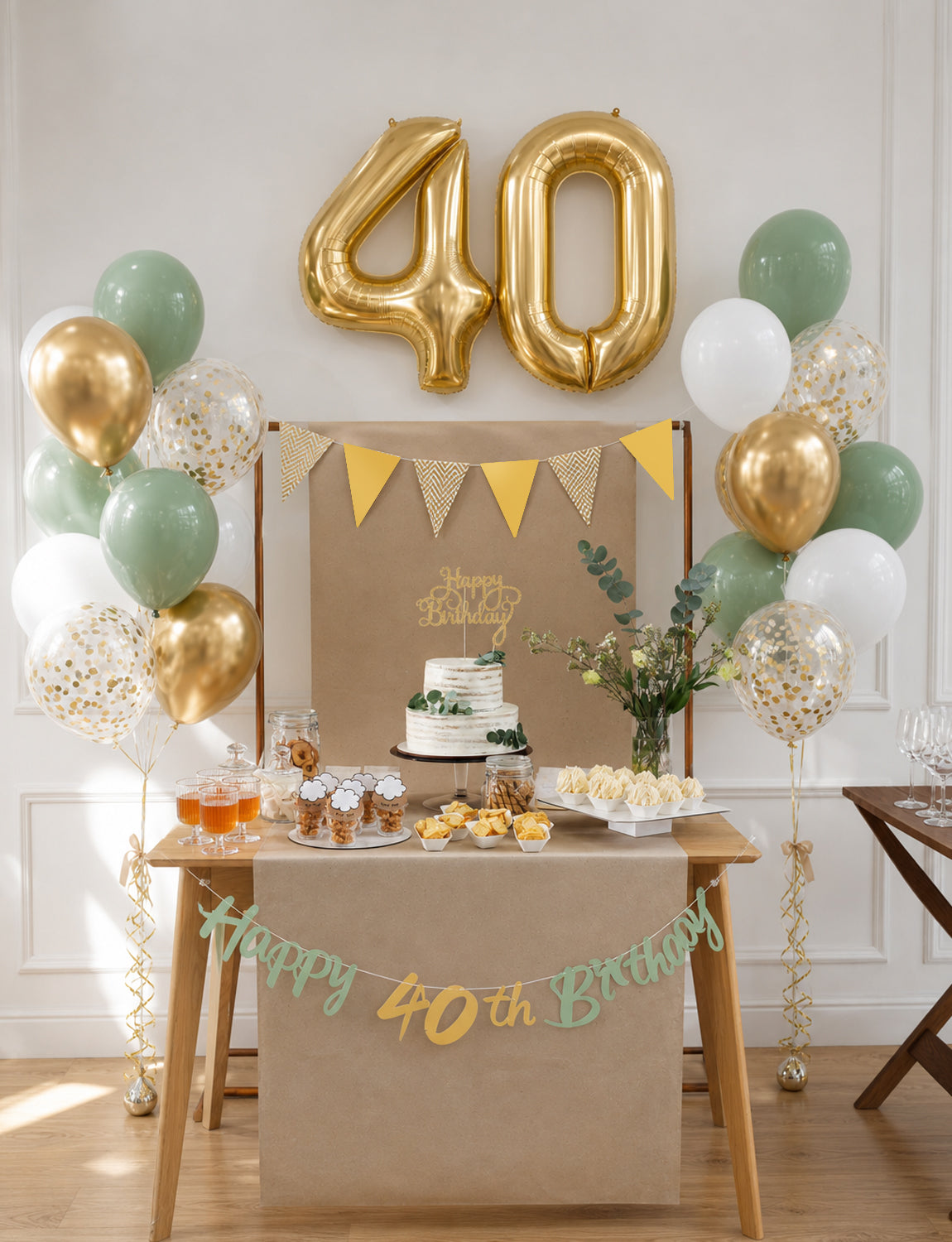 40th Birthday Decoration with Happy 40th Birthday Banner for Women Sage Green Gold White Balloons, Number 40 Foil Balloon, Gold Bunting, Cake Topper for 40th Anniversary Birthday Party Decor