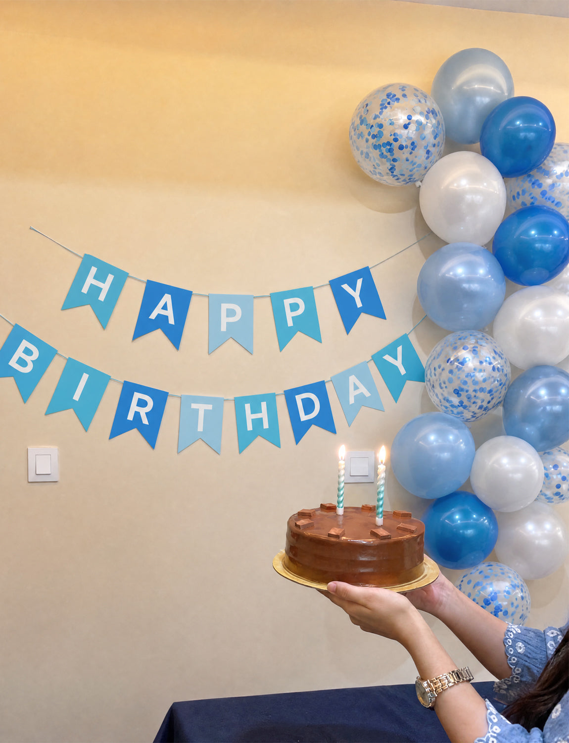 Blue Happy Birthday Banner - Pearl Blue and White Balloons with Reusable Happy Birthday Banner Glitter Party Decorations for Men Boys Pet Birth Party, Photo Shoot Supplies