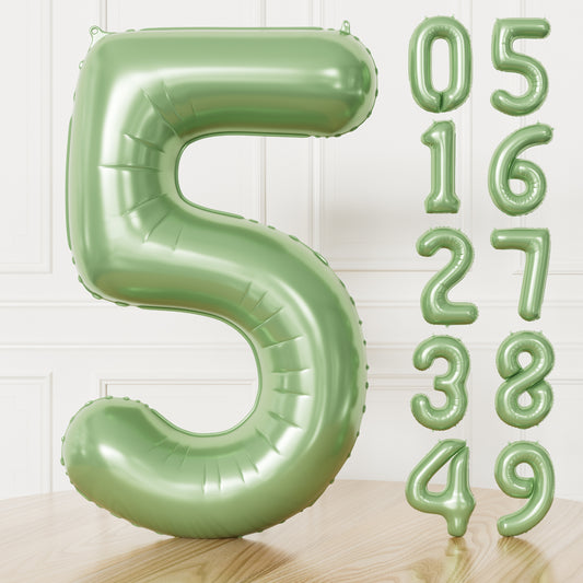 Adeyoo Sage Green Foil Balloon Number 5-40 Inch Giant Sage Green Self Inflating Balloons, Number Balloons 0-9 Set for Birthday Baby Shower Jungle Safari Anniversary Party Decorations
