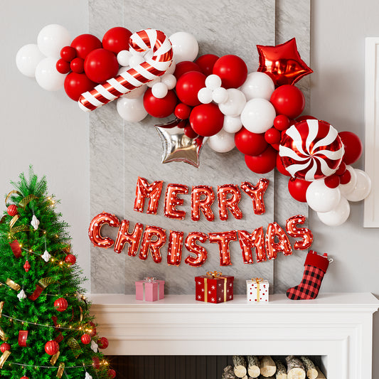Adeyoo Christmas Balloons Arch Kit Garland - Red and White Balloons with Star Candy Cane Balloon, Merry Christmas Banner, Xmas Balloon for Xmas Party Decorations