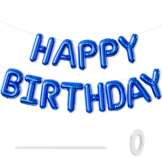 Adeyoo Blue Happy Birthday Balloons Banner - 16 Inch Blue Big Letter Balloons Reusable Self Inflating Balloon, Happy Birthday Foil Balloon for Boys Men Girls Women Birth Party Decorations