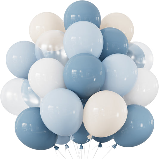 Dusty Blue White Balloons, 50 Pcs 12 Inch Blue and White Balloons Baby Blue and Cream Balloons, Clear Balloon for Kids Birthday Baby Shower Wedding Christening Gender Reveal Party Decorations