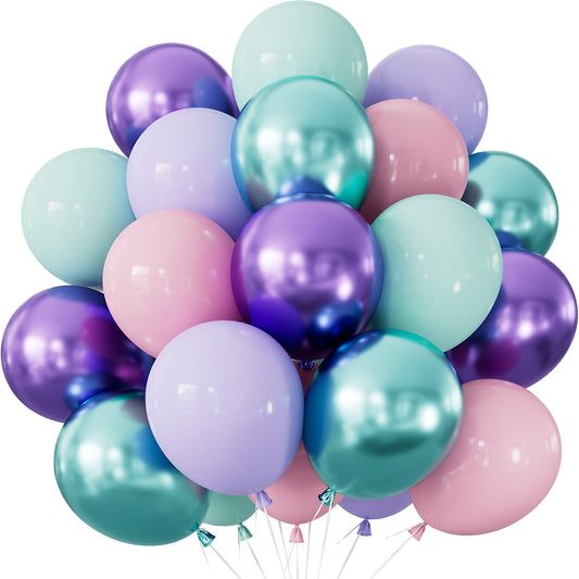 Adeyoo Mermaid Balloons - 12Inch Mermaid Party Balloons Purple Pink Teal Balloon Glitter Metallic Purple Green Latex Balloon for Girls Mermaid Birthday Baby Shower Sea Theme Party Decorations