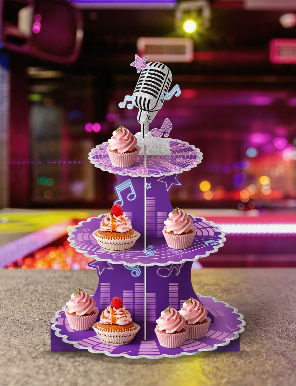 3 Tier Music Cupcake Stand, Purple Cupcake Holder for Music Party Microphone Cardboard Cup Cake Stand for Dessert Table Displays, Music Birthday Decorations for Birthday Wedding Party
