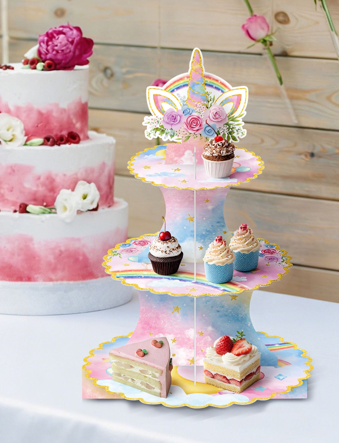 3 Tier Rainbow Cupcake Stand, Pastel Cake Stand for Rainbow Decor Pink Blue Cardboard Cupcake Holder for Dessert Table Display, Rainbow Birthday Decorations for Girls' Magical Floral Party