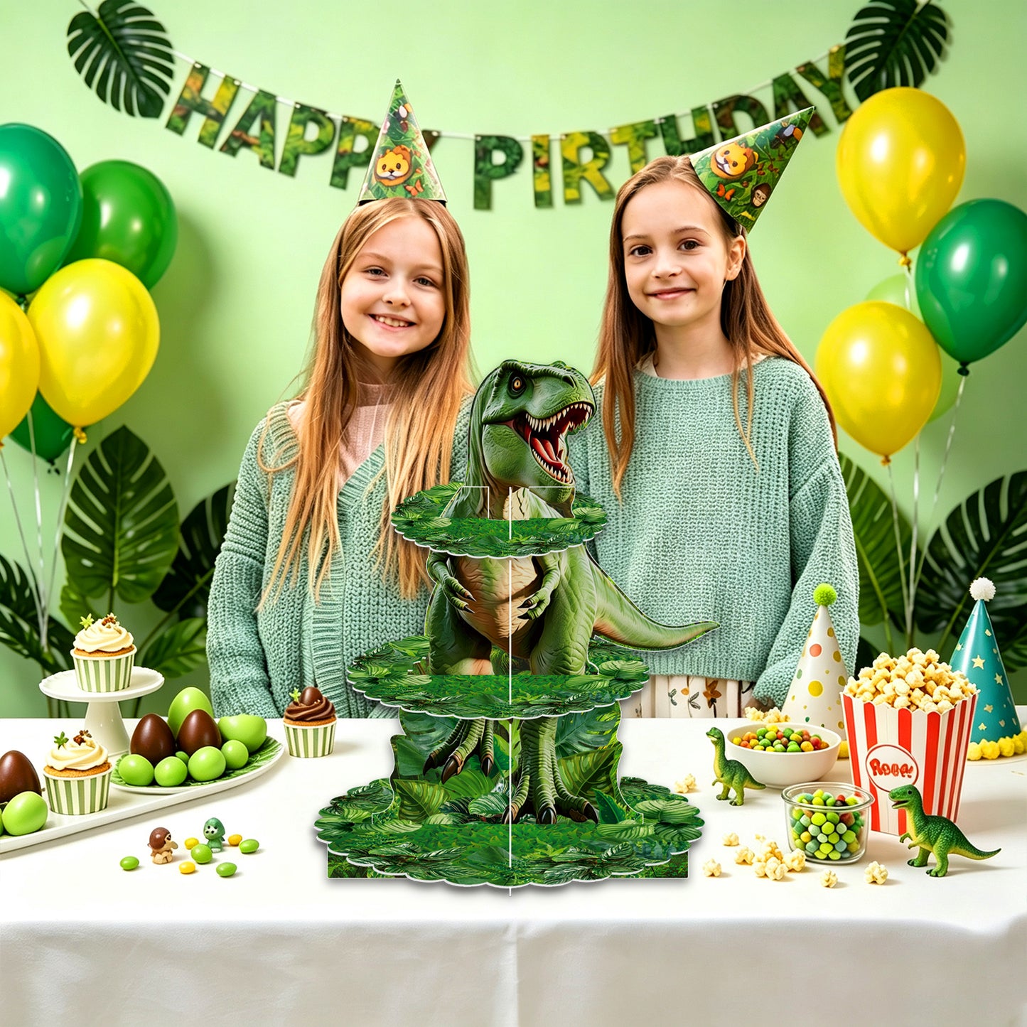 3 Tier Dinosaur Cupcake Stand for Dino Birthday Party Decorations Dinosaur Cupcake Holder, Green Jungle Leaf Cardboard Cupcake Stand for Dessert Stand, Dino Safari Jungle Party Supplies