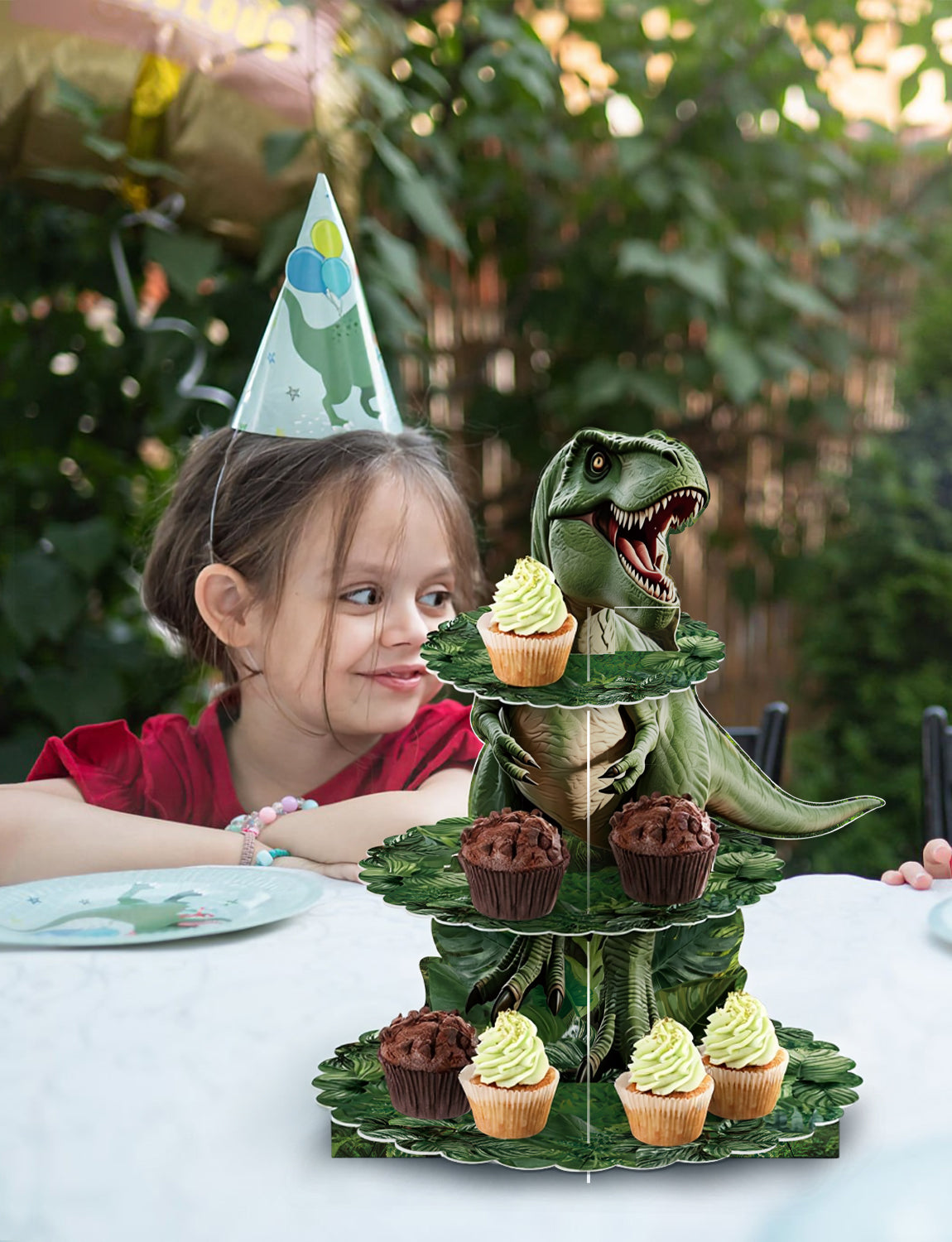 3 Tier Dinosaur Cupcake Stand for Dino Birthday Party Decorations Dinosaur Cupcake Holder, Green Jungle Leaf Cardboard Cupcake Stand for Dessert Stand, Dino Safari Jungle Party Supplies
