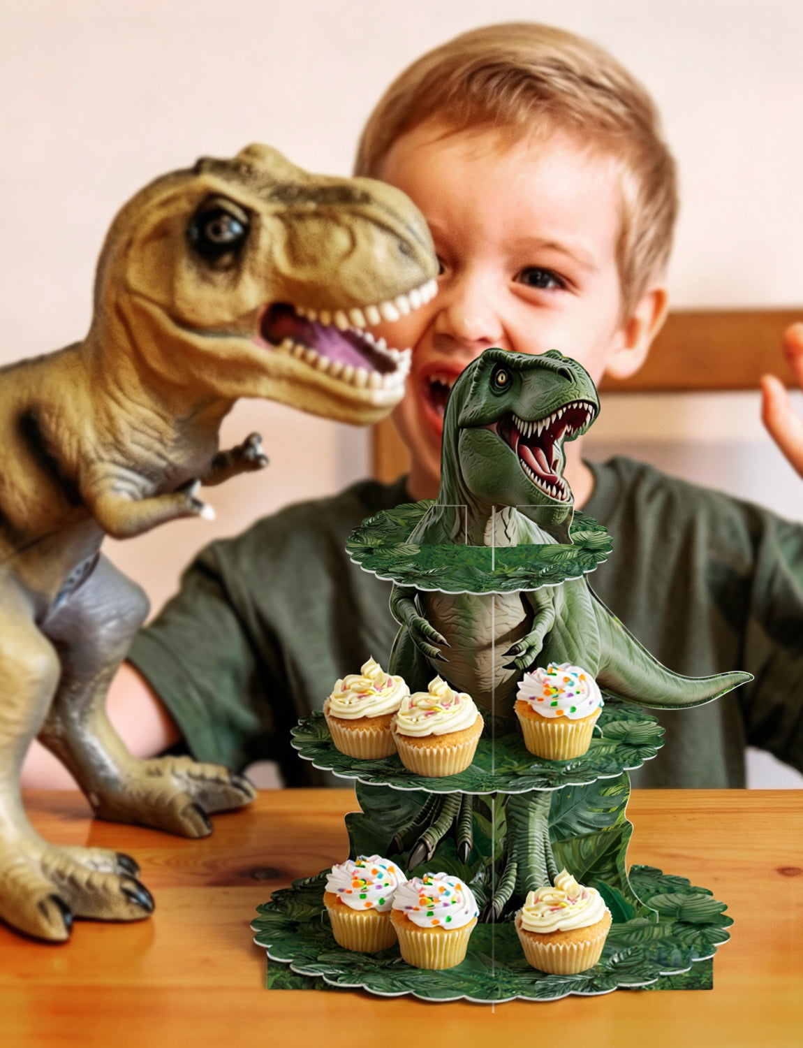 3 Tier Dinosaur Cupcake Stand for Dino Birthday Party Decorations Dinosaur Cupcake Holder, Green Jungle Leaf Cardboard Cupcake Stand for Dessert Stand, Dino Safari Jungle Party Supplies