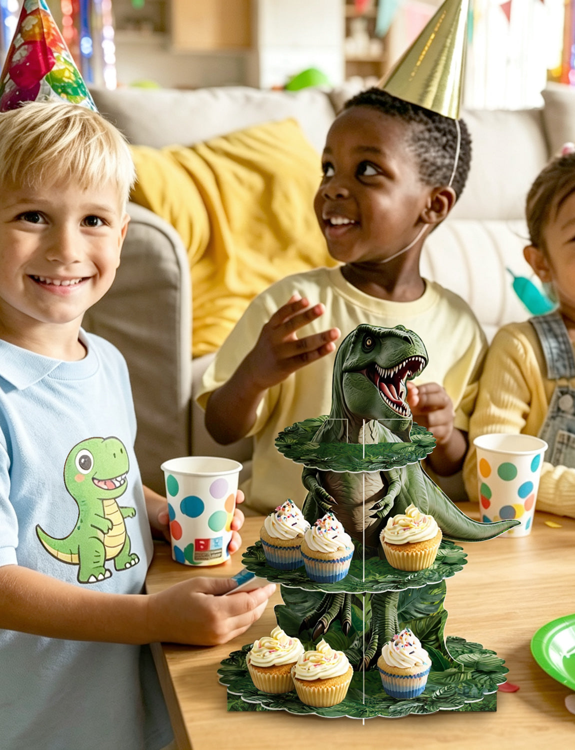 3 Tier Dinosaur Cupcake Stand for Dino Birthday Party Decorations Dinosaur Cupcake Holder, Green Jungle Leaf Cardboard Cupcake Stand for Dessert Stand, Dino Safari Jungle Party Supplies