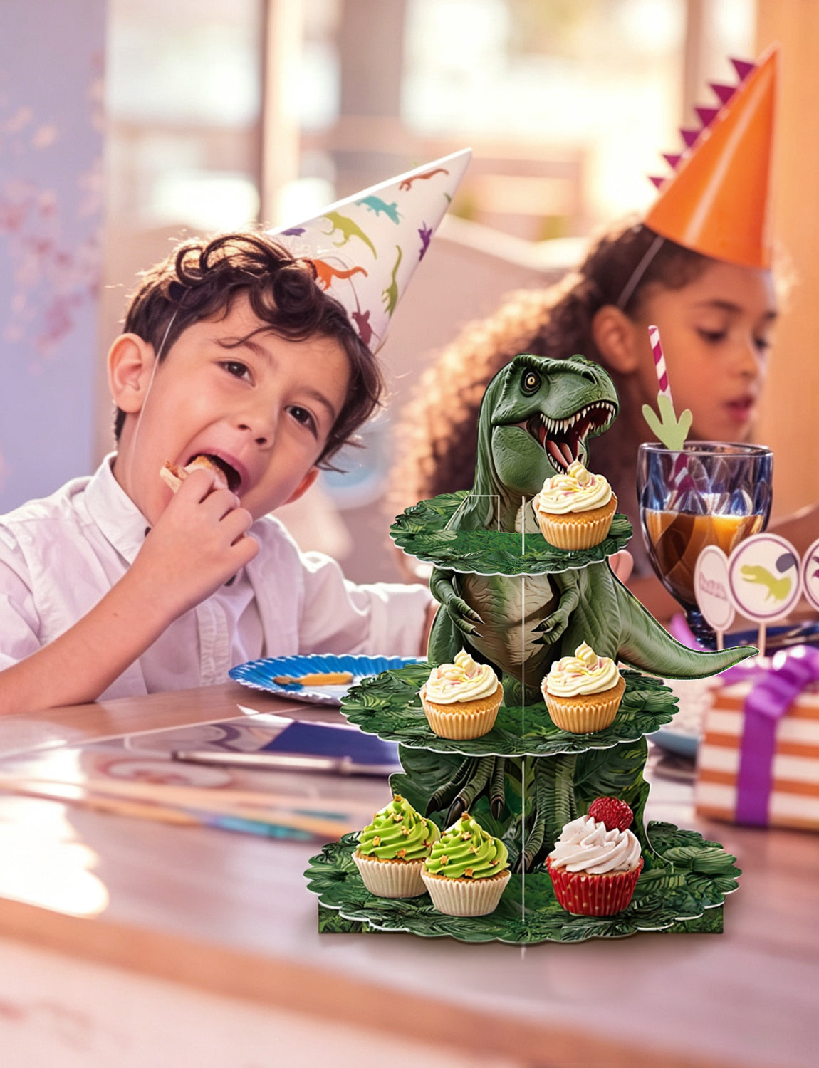 3 Tier Dinosaur Cupcake Stand for Dino Birthday Party Decorations Dinosaur Cupcake Holder, Green Jungle Leaf Cardboard Cupcake Stand for Dessert Stand, Dino Safari Jungle Party Supplies