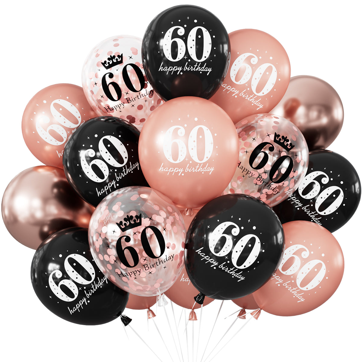 60th Birthday Balloons, Rose Gold and Black Balloons for Party Decor 24 Pcs 12 Inch Happy Birthday Balloons, Metallic and Pearl Rose Gold Balloons with Confetti, 60th Birthday Party Decorations