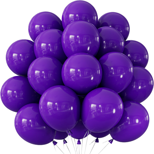 Adeyoo Purple Balloons - 50 Pcs 12 Inch Dark Purple Balloons Round Latex Balloon with Ribbons Shiny Party Balloon for Birthday Graduation Mothers Day Anniversary Wedding Halloween Party Decorations