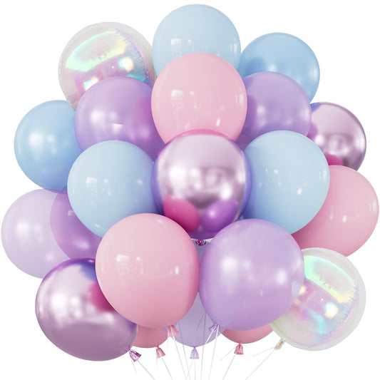Pink Blue Purple Balloons, 50 Pcs 12 Inch Iridescent Mermaid Balloon Metallic Pearl Pink Blue and Purple Balloons, Pastel balloons with 4D Foil Balloons for Mermaid Princess Birthday Party Decor
