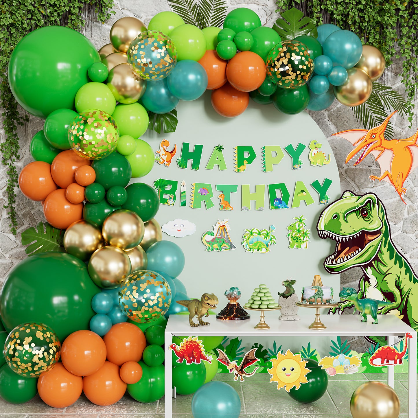 156Pcs Dinosaur Balloons Arch Kit Garland - Dinosaur Birthday Party Decorations with Green Blue Orange Gold Latex Confetti Balloons Happy Birthday Banner for Jungle Safari Theme Party Supplies