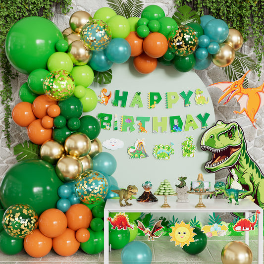 156Pcs Dinosaur Balloons Arch Kit Garland - Dinosaur Birthday Party Decorations with Green Blue Orange Gold Latex Confetti Balloons Happy Birthday Banner for Jungle Safari Theme Party Supplies