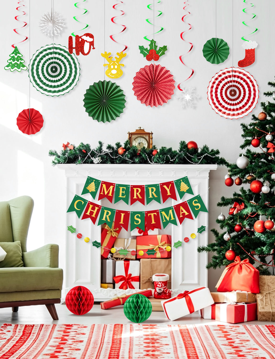 Adeyoo Christmas Decorations, 18Pcs Merry Christmas Paper Decoration Banner Honeycomb Ball, Paper Fan, Snowflakes, Swirls and Merry Christmas Banner, Christmas Ceiling Decorations for Indoor Xmas Party