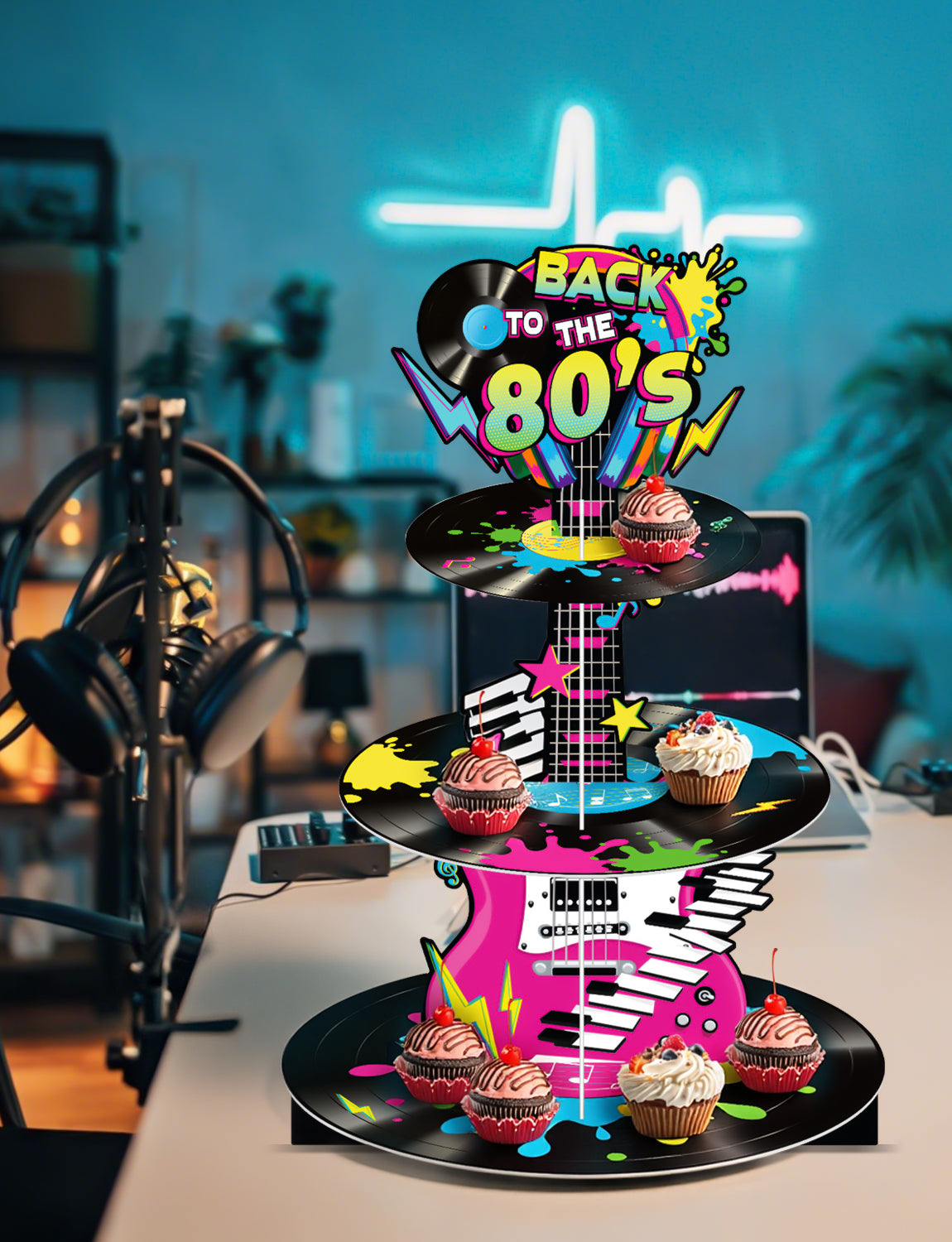 3 Tier 80s Cupcake Stand, Back To The 80's Guitar Cupcake Holder 1980s Cardboard Cupcake Stand, Neon Rock Cup Cake Stand for Dessert Stand, Hip Hop Rock Disco Music Birthday Party Decoration