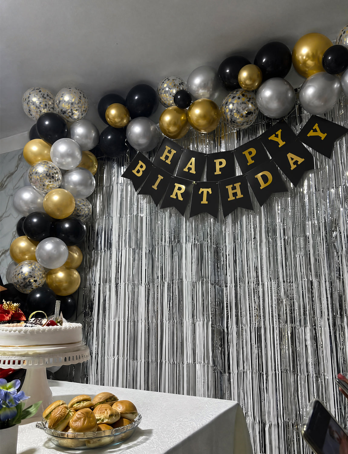 Black and Gold Happy Birthday Banner - Black and Gold Birthday Decorations with 12 Inch Latex Confetti Balloons Reusable Bunting Banner for Men Women Pet Happy Birth Party Decorations