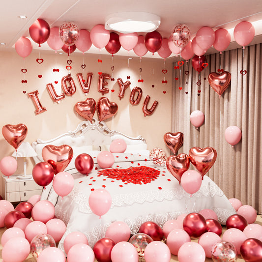 Adeyoo 106Pcs Valentines Balloons Decorations,I Love You Balloons and Heart Balloons Kit with Rose Petals,Pink Valentine's Balloons for Wedding Anniversary Romantic Decorations Special Night