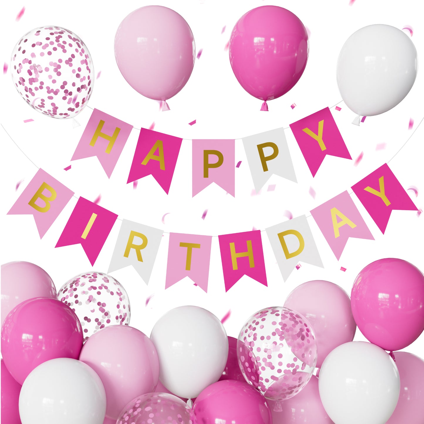 Pink Birthday Decorations - Happy Birthday Banner with 12 Inch Pink and White Latex Confetti Balloons Reusable Bunting Banner for Girls Women Pet Happy Birth Party Decorations