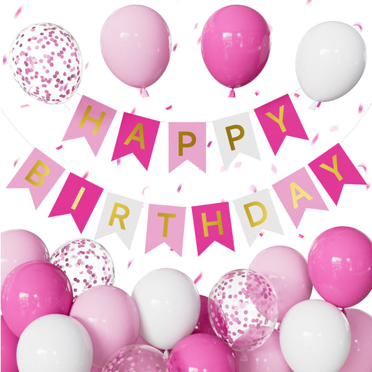 Pink Birthday Decorations - Happy Birthday Banner with 12 Inch Pink and White Latex Confetti Balloons Reusable Bunting Banner for Girls Women Pet Happy Birth Party Decorations