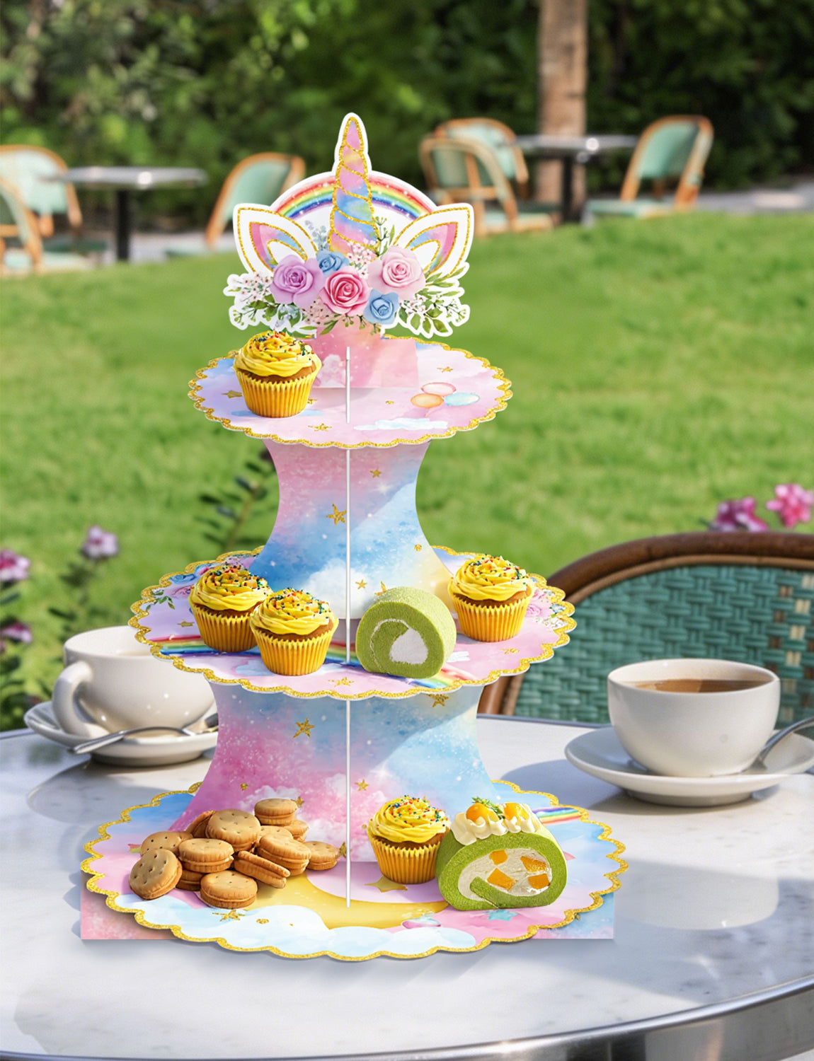 3 Tier Rainbow Cupcake Stand, Pastel Cake Stand for Rainbow Decor Pink Blue Cardboard Cupcake Holder for Dessert Table Display, Rainbow Birthday Decorations for Girls' Magical Floral Party