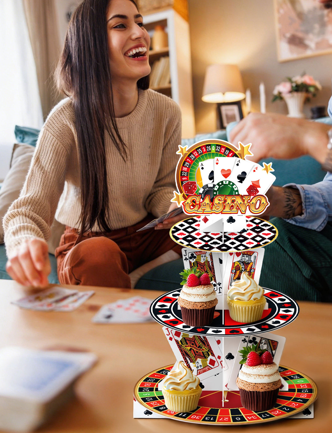 3 Tier Casino Cupcake Stand, Poker Cupcake Holder, Game Night Decor Cardboard Cupcake Stand for Dessert Table Display, Casino Night Party Decorations for Las Vegas Night Birthday Party Supplies