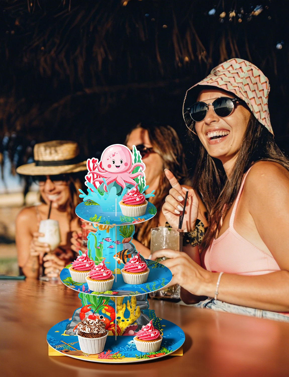 3 Tier Ocean Cupcake Stand, Under The Sea Cupcake Holder Cardboard Cupcake Stand for Dessert Table Display, Ocean Dessert Stand for Shark Mermaid Under the Sea Themed Birthday Party
