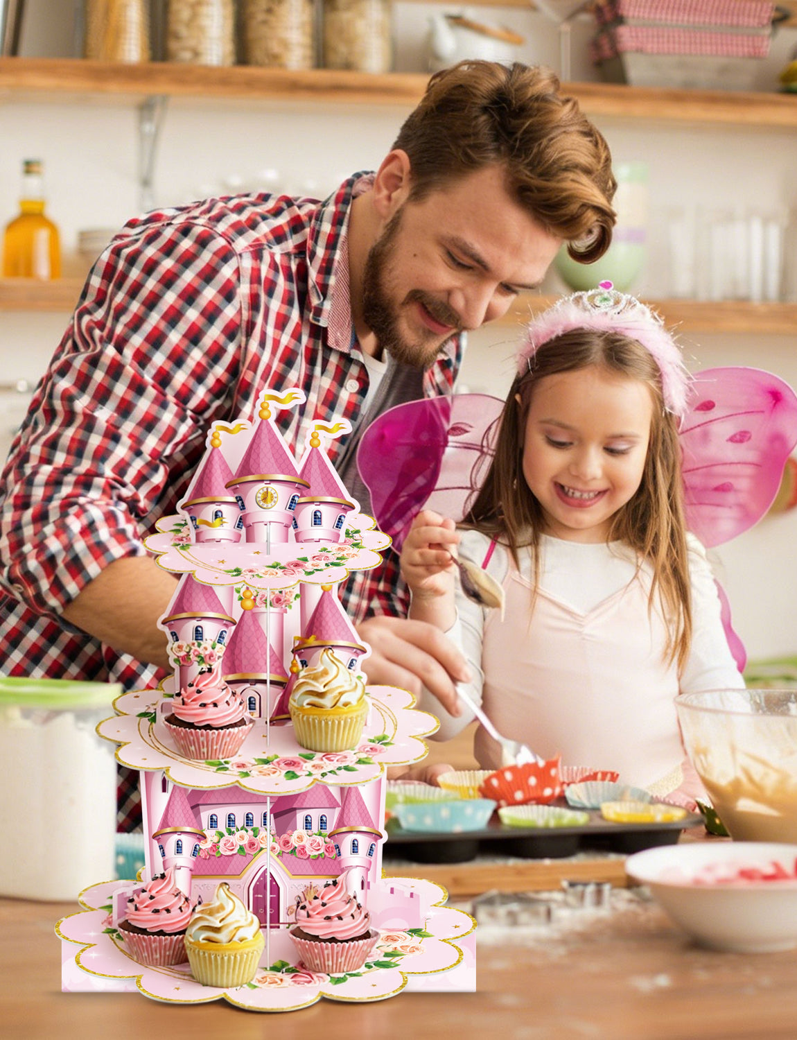 3 Tier Princess Cupcake Stand Floral Castle Cupcake Holder for Girls Pink Cardboard Cupcake Stand for Dessert Table Display, Princess Decor for Birthday Baby Shower Fairy Party Decorations