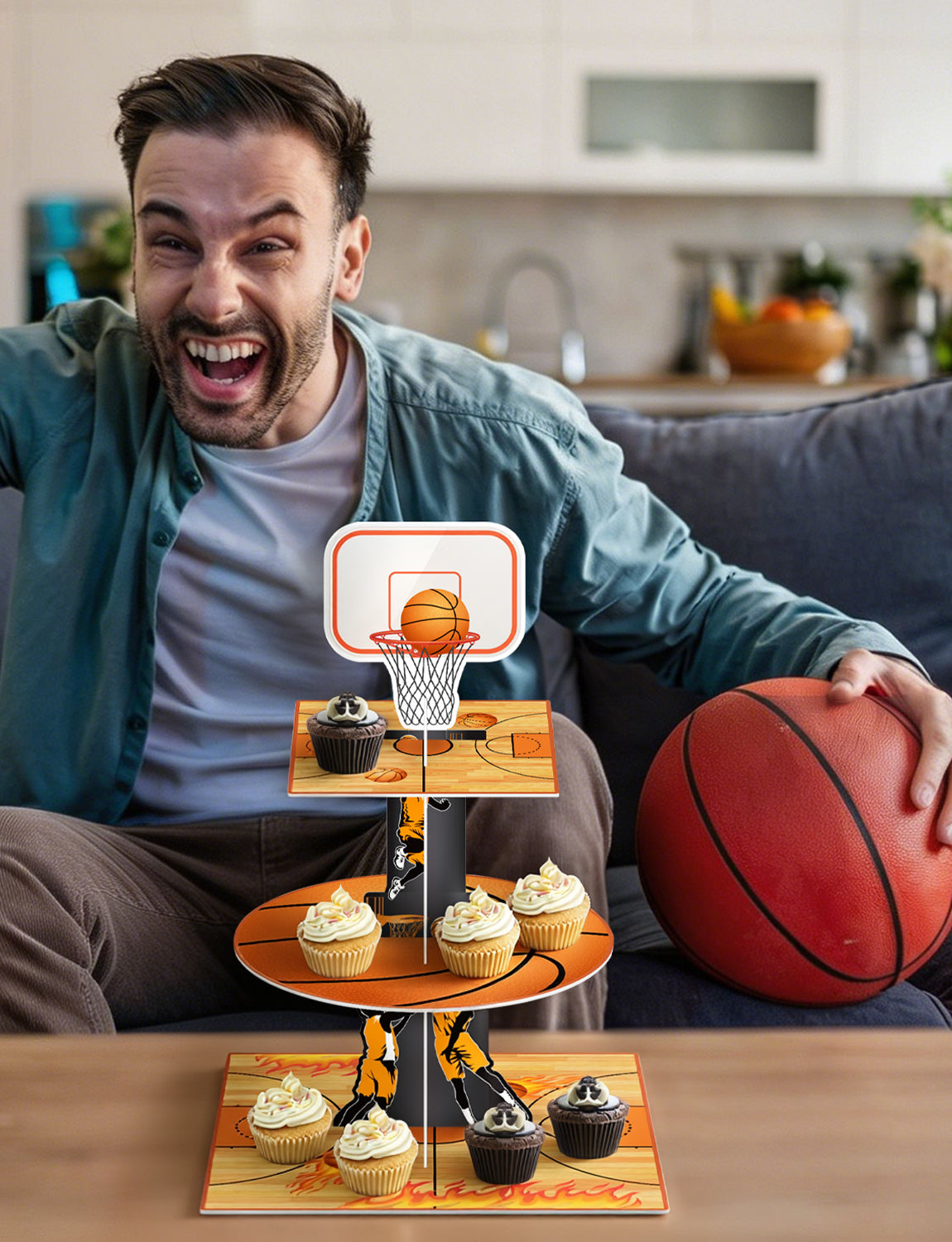 3 Tier Basketball Cupcake Stand, Basketball Theme Cupcake Holder Cardboard Cupcake Stand for Dessert Table Display, Basketball Decoration for Birthday Baby Shower Sports Theme Party Supplies