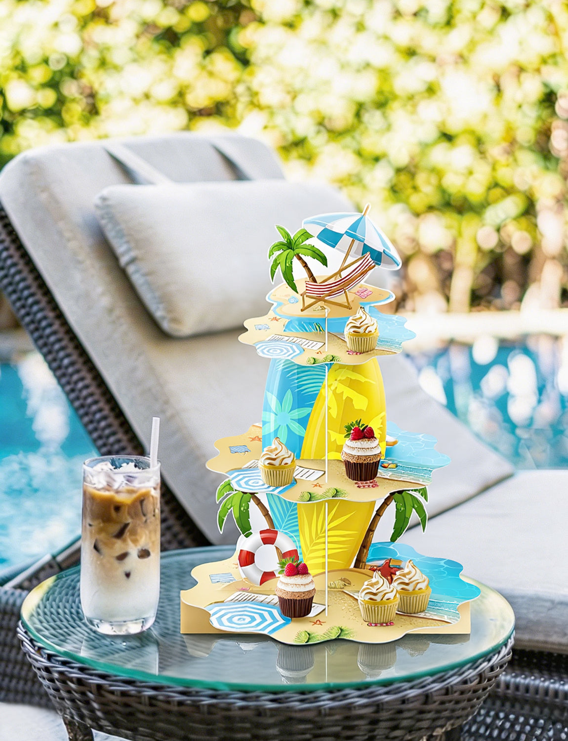 3 Tier Summer Beach Cupcake Stand, Pool Cupcake Holder Cardboard Cupcake Stand for Dessert Table Displays, Hawaiian Party Decorations for Summer Beach Tropical Pool Birthday