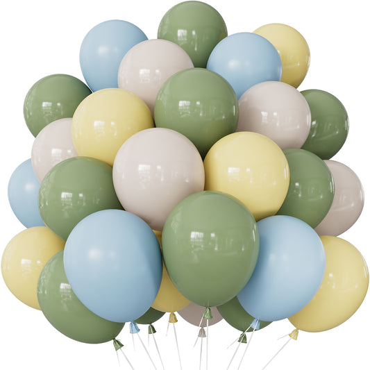 Sage Green Blue Yellow Balloons, 50 Pcs 12 Inch Sage Green Balloons with Baby Blue, Soft Yellow & Ivory White Balloon for Baby Shower, Birthday, Woodland & Spring Party Decorations