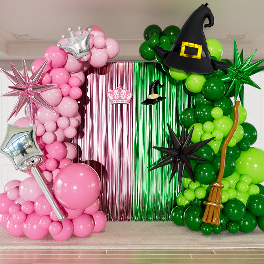 Pink and Green Balloons Arch Kit - Witch Balloon Arch Kit, Multi-Size Pink and Green Balloons with Foil Fringe Curtains Witch Hat Crown Explosion Star Broom Balloon for Birthday Party Decor