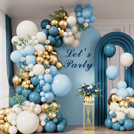 Adeyoo Dusty Blue Balloon Arch Kit Garland - 134Pcs Baby Blue Balloon Arch Kit with Sand White and Gold Balloons Dusty Blue Balloons for Baby Shower Christening Bridal Shower Birthday Party Decoration