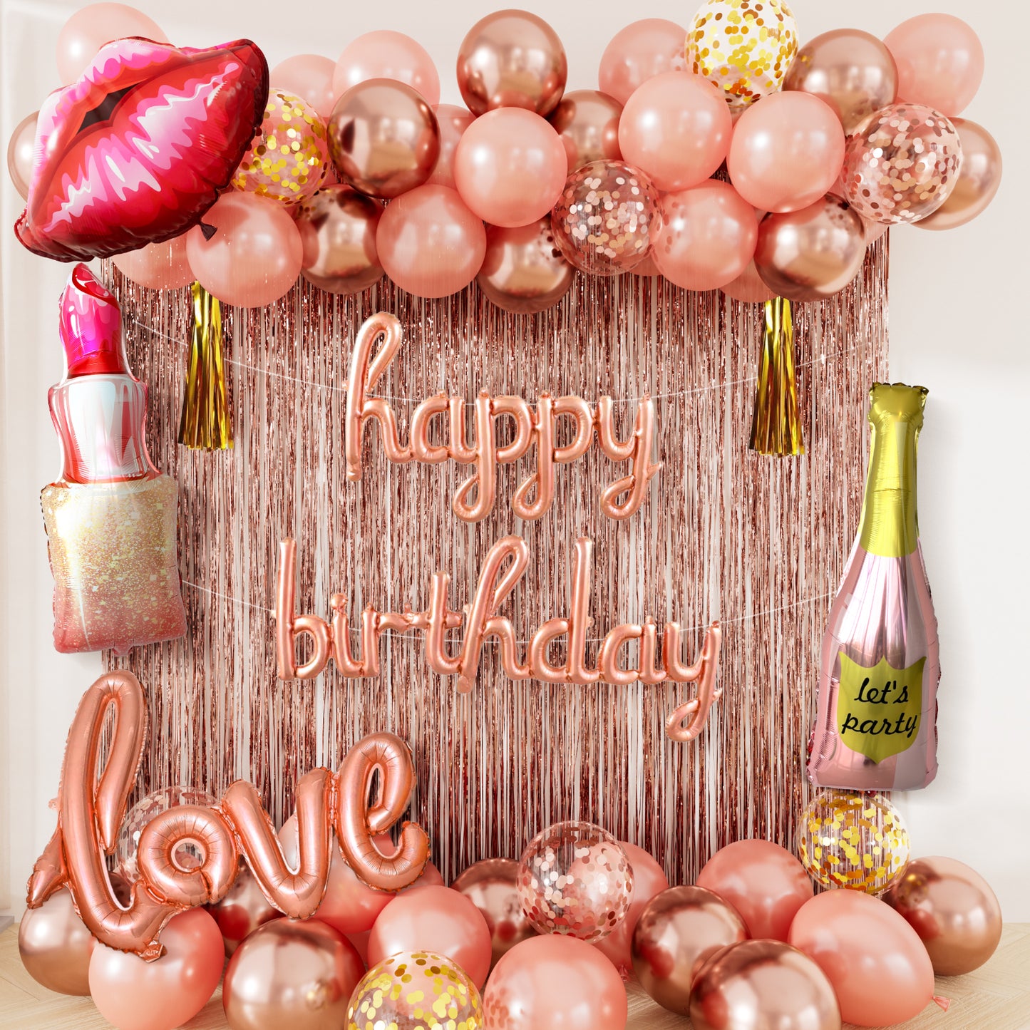 Adeyoo Rose Gold Birthday Decoration for Women Girls - Rose Gold Party Decorations with Happy Birthday Balloons, Foil Curtain, lips Champagne Lipstick Love Foil Balloons for Women Girls Party Supplies