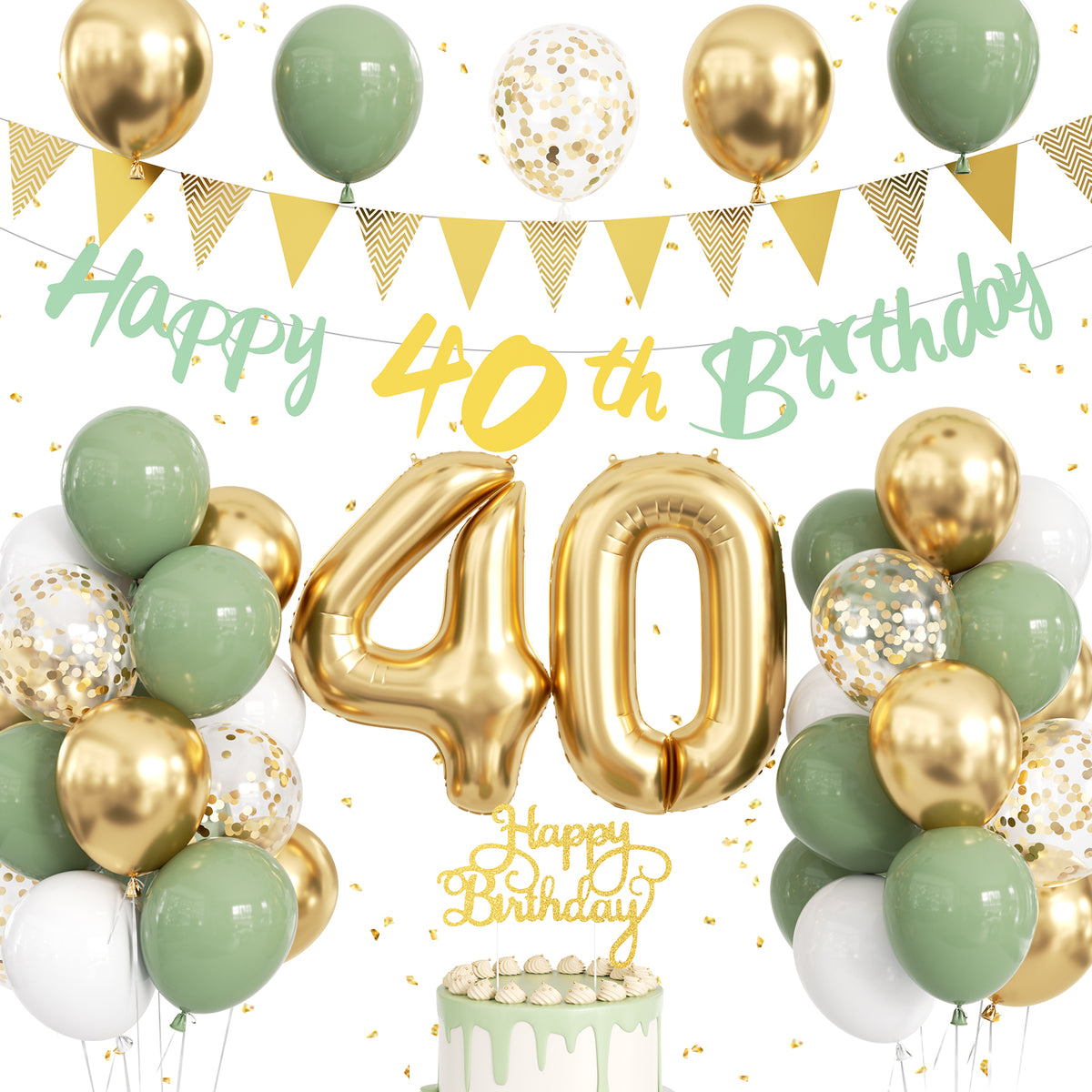 40th Birthday Decoration with Happy 40th Birthday Banner for Women Sage Green Gold White Balloons, Number 40 Foil Balloon, Gold Bunting, Cake Topper for 40th Anniversary Birthday Party Decor
