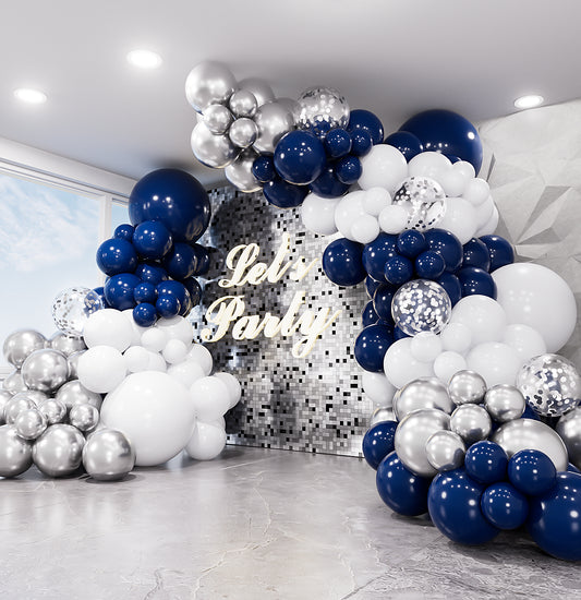 Navy Blue and Silver Balloon Arch Kit Garland - 134Pcs Blue and Silver Balloon Arch Kit, Navy White Balloons with Silvery Confetti Balloons for Birthday Baby Shower Wedding Graduation Party Decoration