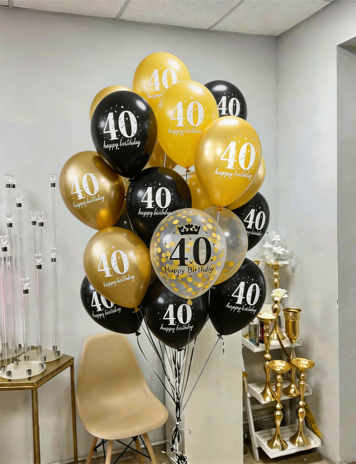 40th Birthday Balloons, 24 Pcs Black Gold Balloons for Men & Women 12 Inch Black and Gold Birthday Balloons, Gold Confetti Latex Balloons, 40th Birthday Decorations for Him & Her