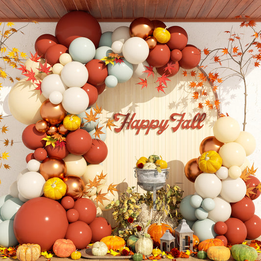 Fall Balloon Garland Arch Kit, Thanksgiving Balloons, Harvest Decor | 133 Pcs Fall Color Balloons with Burgundy, Green, Beige, White, Copper Balloons for Autumn Thanksgiving Birthday Party Decor
