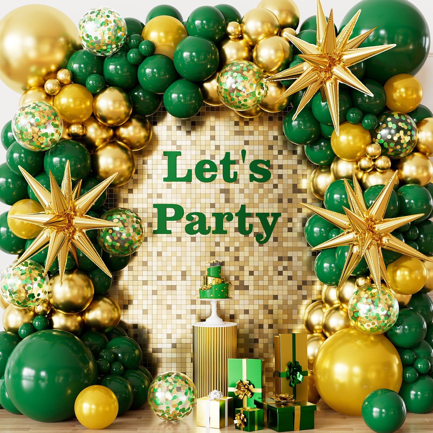 Green and Gold Balloon Arch Kit Garland - Green and Gold Balloons With Explosion Star Balloons Latex Confetti Balloon for St. Patrick's Day Birthday Safari Jungle Baby Shower Party Decorations