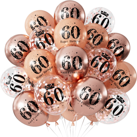 Adeyoo 24Pcs 60th Birthday Balloons Decorations for Women - 12Inch Fabulous Rose Gold Latex Confetti Balloons, Happy 60th Birthday Decorations for Women, Anniversary Celebration Party Supplies